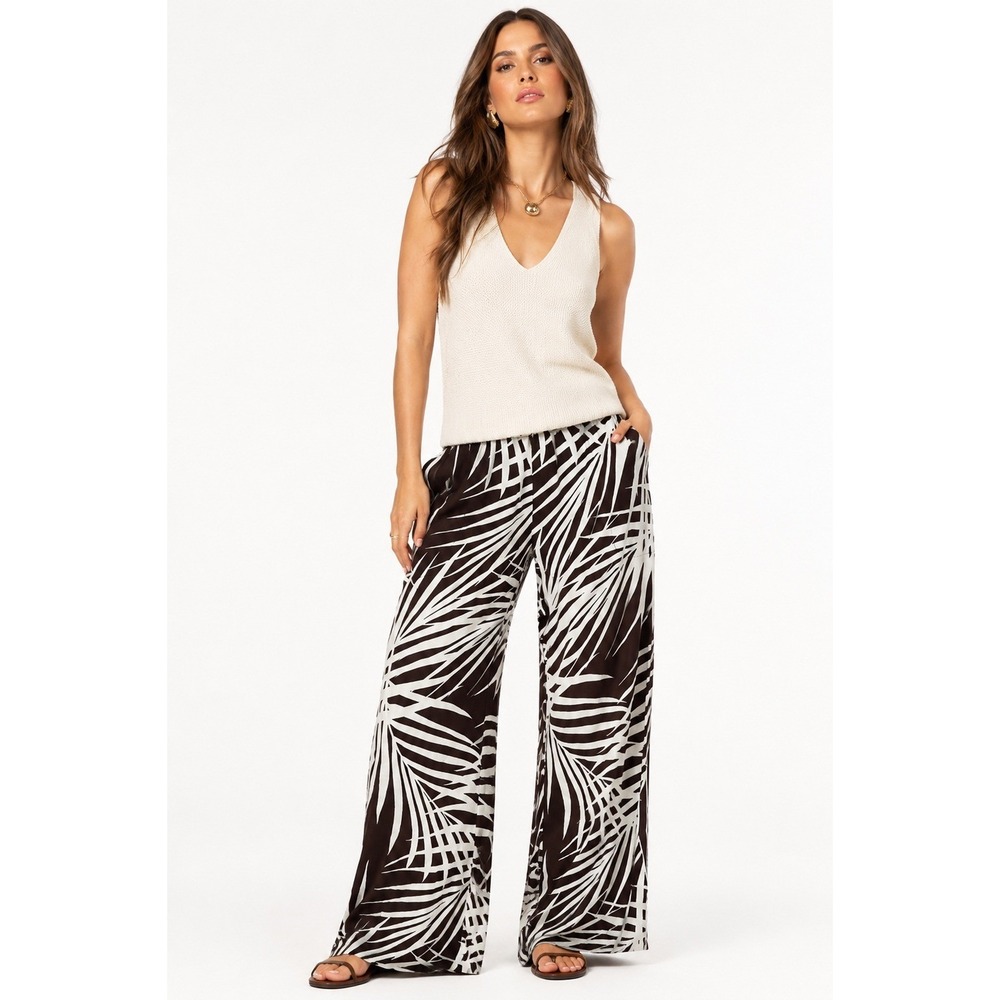 D&Co Beach Jersey Full Length Wide Leg Medium Tall Palm Print‎ Pull On Pants MT